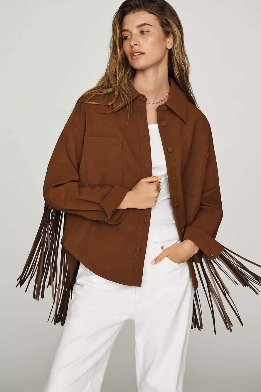 Siempre Faux-Suede Fringe Buttondown Shirt Size Large NWT